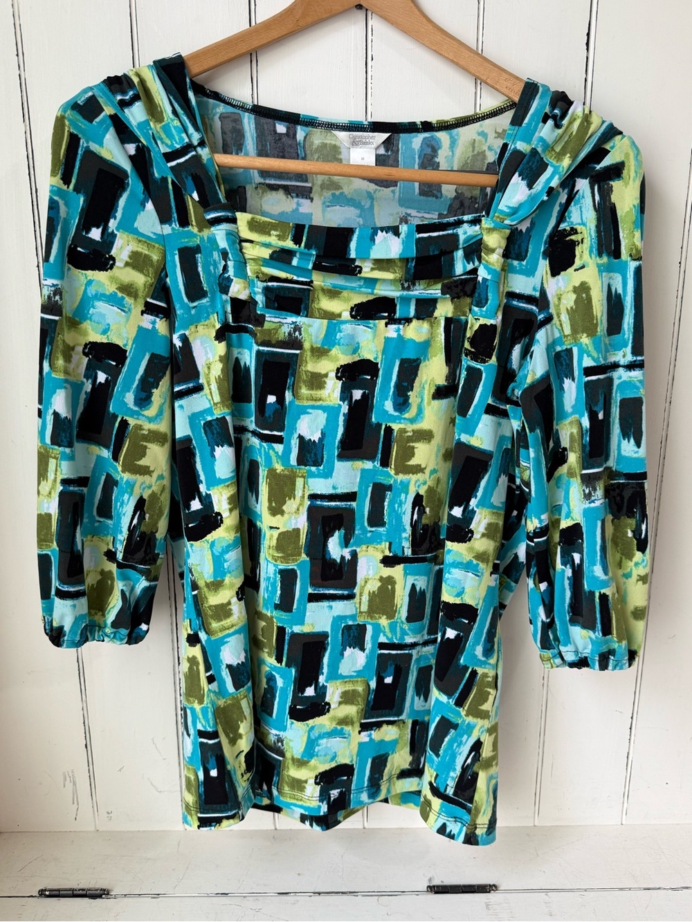 Christopher & Banks Vintage Geometric Blouse Teal Green Pleated Square Neck 2007